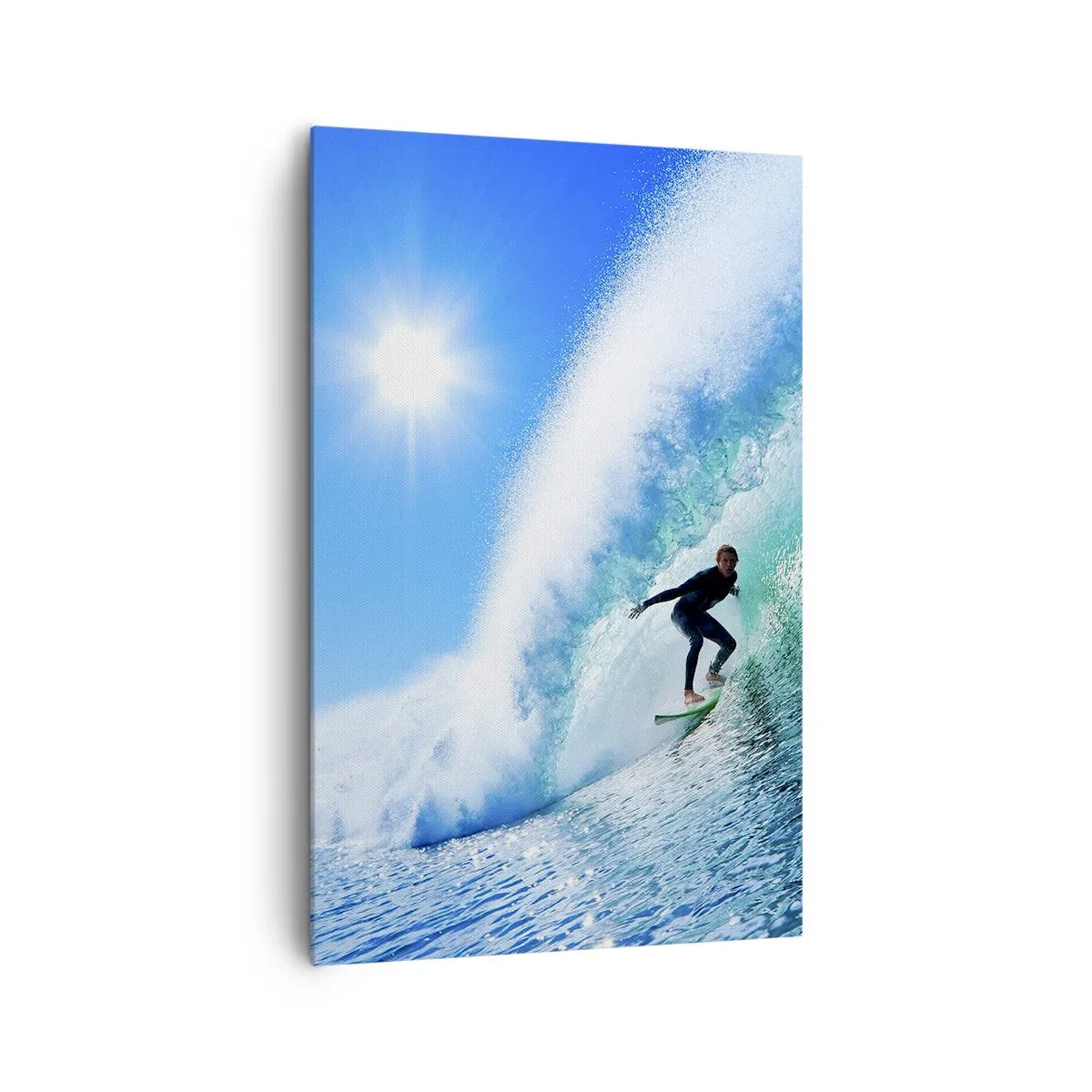 Impression sur toile - Image sur toile - Un surfeur sur une planche chevauche une vague puissante sous un ciel bleu. - 80x120cm - A travers le grand ciel bleu - Décoration murale moderne pour le salon et la chambre ARTTOR