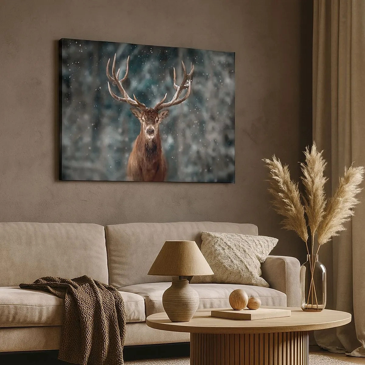 Impression sur toile - Image sur toile - Cerf dans une forêt d'hiver avec de la neige qui tombe - 70x50cm - Roi de la forêt couronné - Décoration murale moderne pour le salon et la chambre ARTTOR