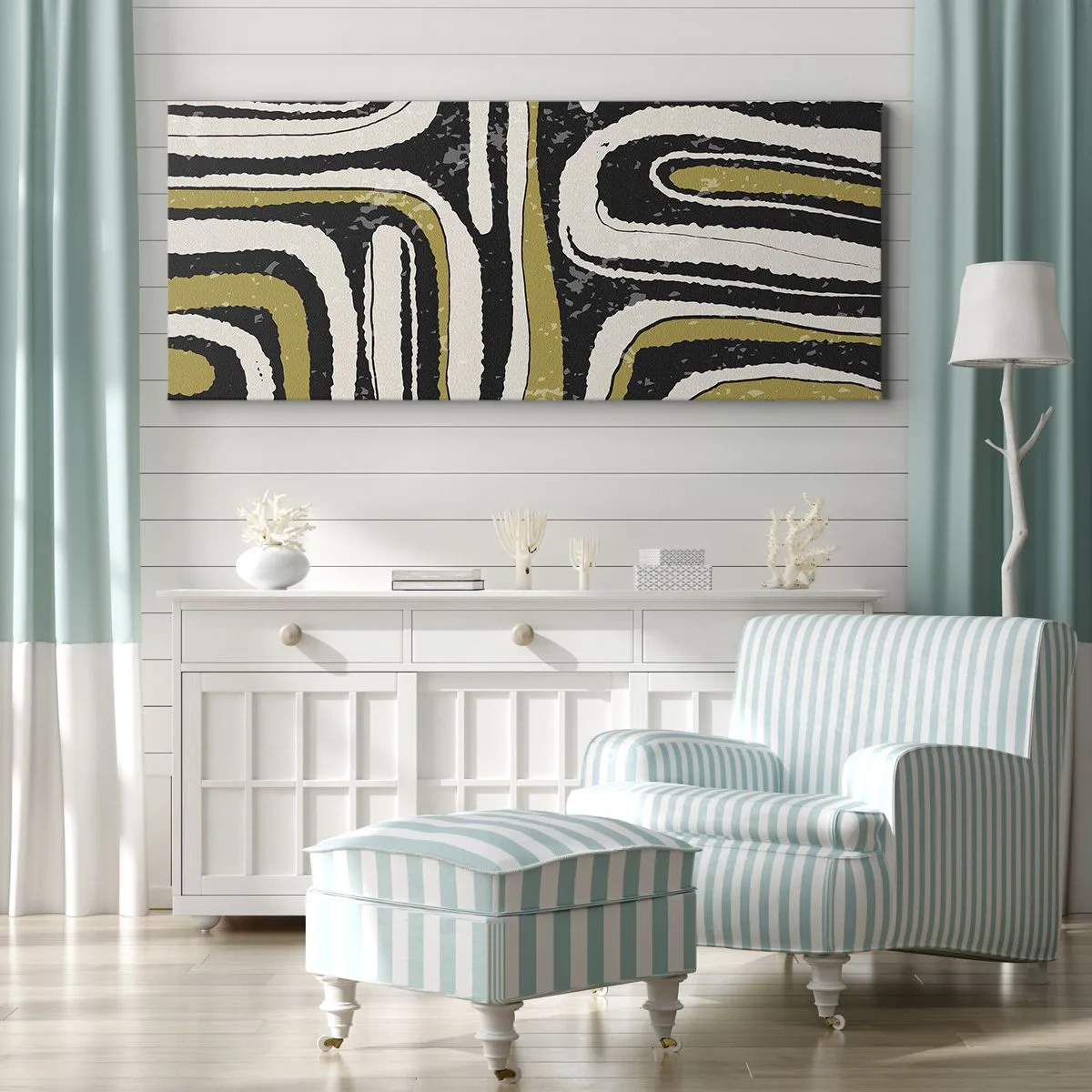 Impression sur toile - Image sur toile - Motif abstrait en noir, blanc et or - 120x50cm - Composition : routes et ruelles - Décoration murale moderne pour le salon et la chambre ARTTOR