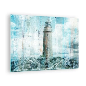 Impression sur verre - Image sur verre - Phare vintage avec des nuages en arrière-plan - 70x50cm - Sur du vieux bois - Décoration murale moderne pour le salon et la chambre ARTTOR