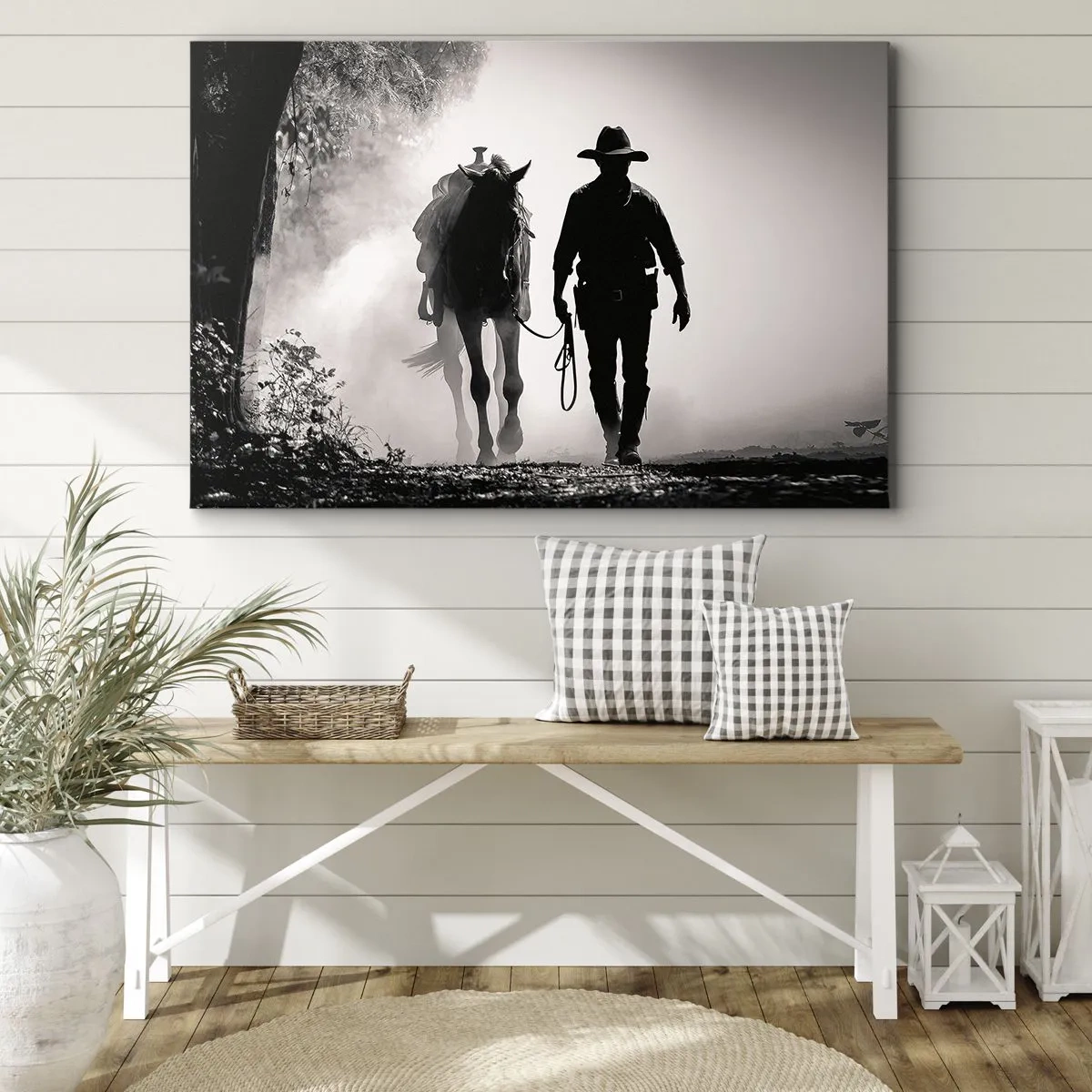 Impression sur toile - Image sur toile - Cowboy avec cheval dans le brouillard matinal - 120x80cm - Matinée texane - Décoration murale moderne pour le salon et la chambre ARTTOR