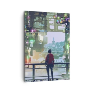 Impression sur toile - Image sur toile - Une silhouette dans une ville futuriste avec des néons - 50x70cm - Deux mondes - Décoration murale moderne pour le salon et la chambre ARTTOR