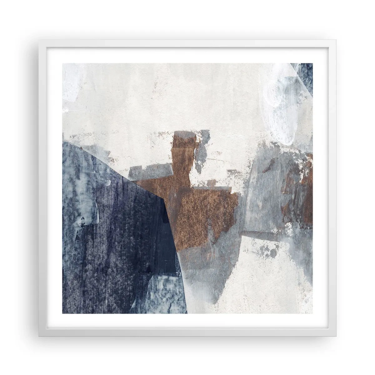 Affiche dans un cadre blanc - Poster - Formes bleues et brunes - 60x60 cm