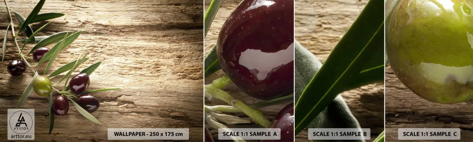 Échantillon de Papier Peint Autocollant Deluxe Sticker - Directement de la nature - Branche d'olivier, Nature, Olives - 100x30 cm