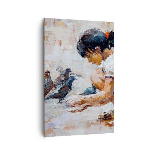 Impression sur toile - Image sur toile - Une fille nourrissant des oiseaux dans un style pictural - 80x120cm - Les plus petits et les plus gentils - Décoration murale moderne pour le salon et la chambre ARTTOR