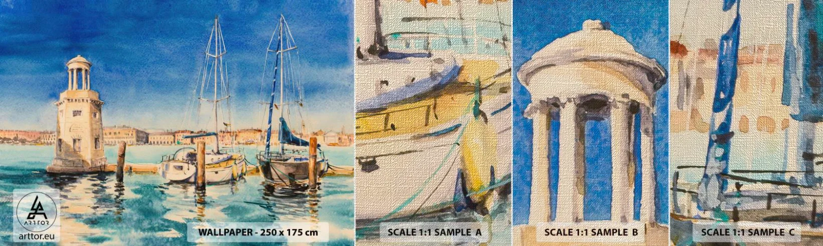 Échantillon de Papier Peint Premium Canvas - Lagune ensoleillée - port, Paysage, Phare - 100x30 cm