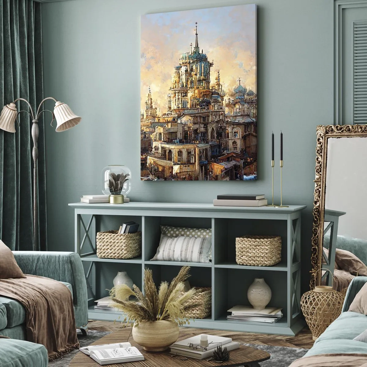 Impression sur toile - Image sur toile - Tours architecturales dans les rayons du soleil couchant - 50x70cm - Ville des villes - Décoration murale moderne pour le salon et la chambre ARTTOR