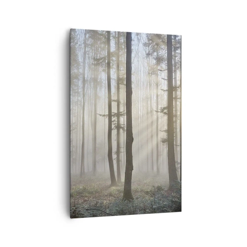 Impression sur toile - Image sur toile - Une forêt dans un léger brouillard avec des rayons de soleil qui brillent à travers les arbres - 80x120cm - Le brouillard s'est aussi réveillé - Décoration murale moderne pour le salon et la chambre ARTTOR