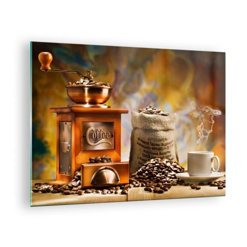 Impression sur verre - Image sur verre - Moulin à café, grains et une tasse sur une table en bois - 70x50cm - Le craquement des grains, le cliquetis d'un moulin - Décoration murale moderne pour le salon et la chambre ARTTOR