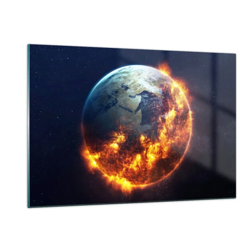 Impression sur verre - Image sur verre - La Terre entourée de flammes dans l'espace - 120x80cm - La flamme de l'apocalypse - Décoration murale moderne pour le salon et la chambre ARTTOR