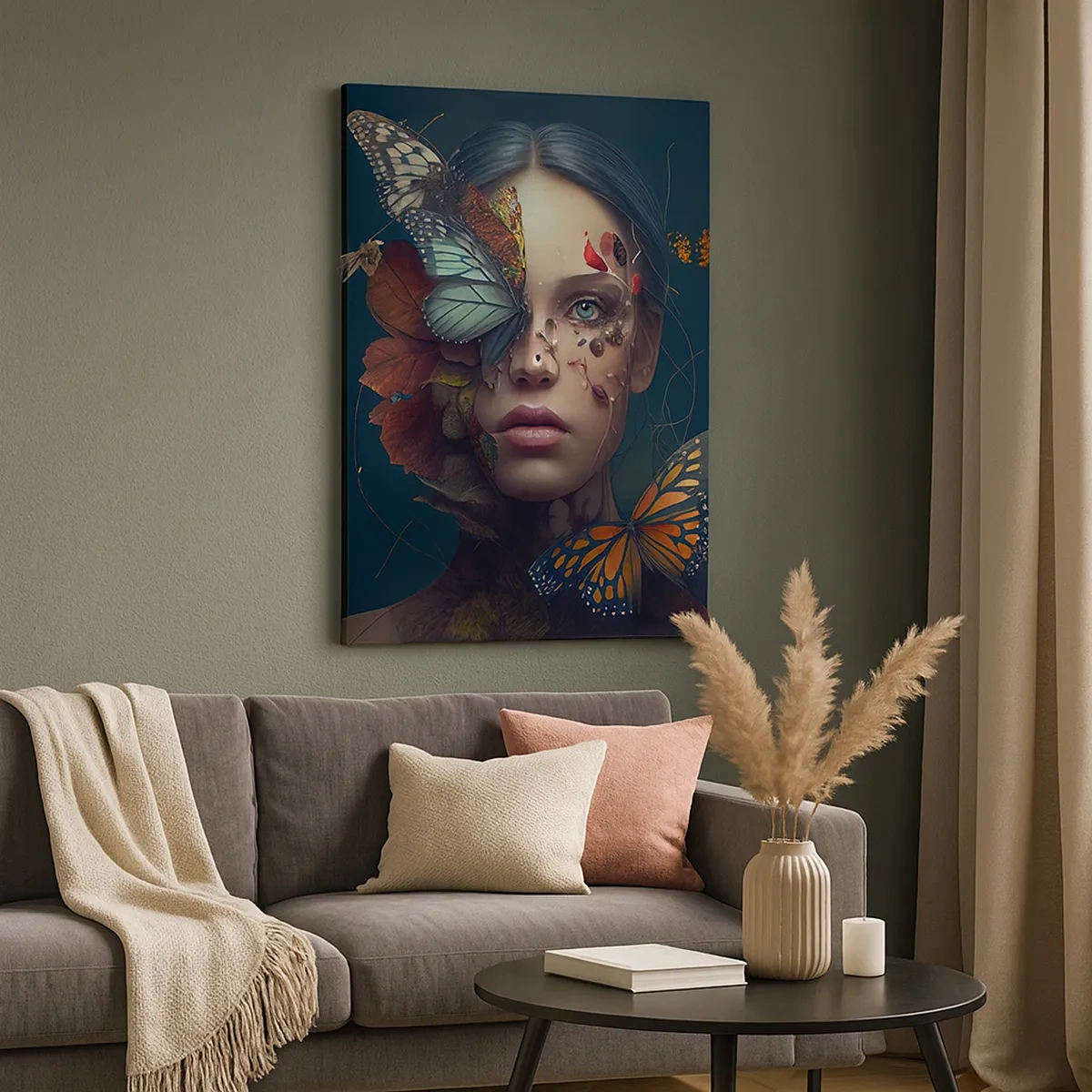 Impression sur toile - Image sur toile - Portrait d'une femme avec des papillons et des éléments végétaux - 50x70cm - Une merveilleuse métamorphose - Décoration murale moderne pour le salon et la chambre ARTTOR