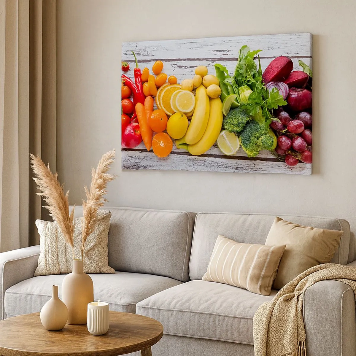 Impression sur toile - Image sur toile - Fruits et légumes colorés sur fond de bois - 70x50cm - Ce n'est pas suffisant? - Décoration murale moderne pour le salon et la chambre ARTTOR