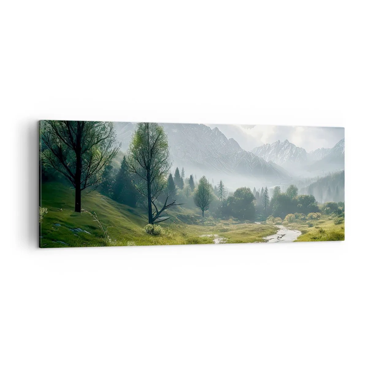 Impression sur toile - Image sur toile - Un paysage de montagne avec une rivière et des arbres entourés de montagnes brumeuses - 140x50cm - Aller et retour - Décoration murale moderne pour le salon et la chambre ARTTOR