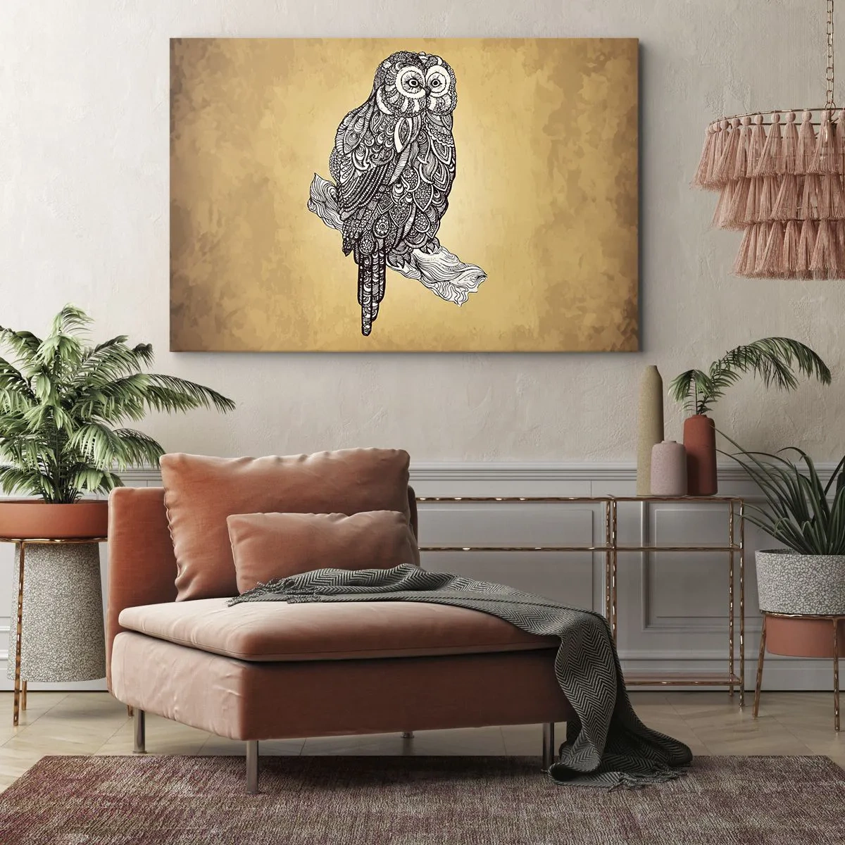 Impression sur toile - Image sur toile - Un hibou de style ornemental sur fond beige - 120x80cm - Ornements complexes de sagesse - Décoration murale moderne pour le salon et la chambre ARTTOR
