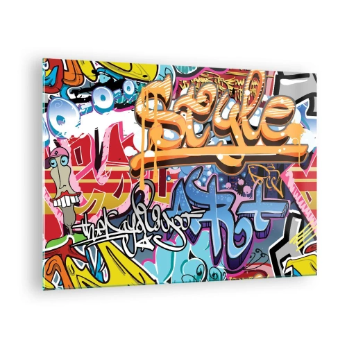 Impression sur verre - Image sur verre - Graffitis colorés avec inscriptions et dessins dynamiques - 70x50cm - Fresques, fresques, fresques… - Décoration murale moderne pour le salon et la chambre ARTTOR