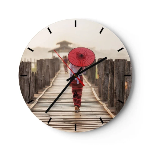 Horloge murale - Pendule murale - Une femme avec un parapluie rouge sur un pont en bois - 30x30cm - Sur le vieux pont - Décoration murale moderne pour le salon, la cuisine et la chambre ARTTOR