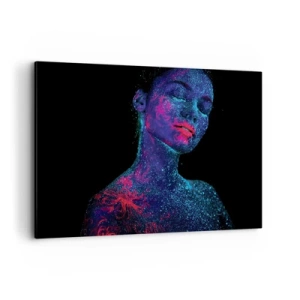 Impression sur toile - Image sur toile - Portrait d'une femme aux couleurs fluo sur fond noir - 100x70cm - Dans la poussière d'étoiles - Décoration murale moderne pour le salon et la chambre ARTTOR