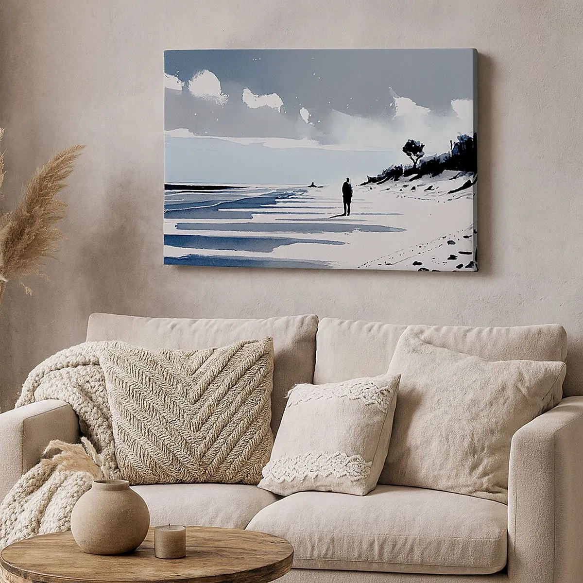 Impression sur toile - Image sur toile - Une silhouette solitaire marchant sur une plage déserte - 70x50cm - Seul à seul - Décoration murale moderne pour le salon et la chambre ARTTOR