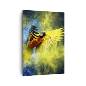 Impression sur toile - Image sur toile - Un perroquet en vol sur fond d'explosions colorées de jaune et de bleu. - 50x70cm - Dans la poussière bleue et dorée - Décoration murale moderne pour le salon et la chambre ARTTOR