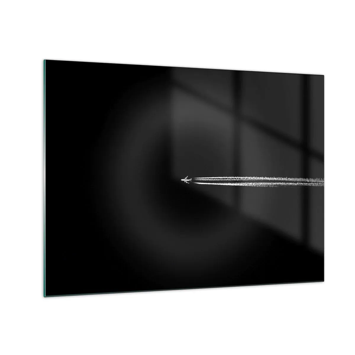 Impression sur verre - Image sur verre - Un avion à réaction sur fond noir avec une traînée de condensation - 70x50cm - Dans une autre dimension - Décoration murale moderne pour le salon et la chambre ARTTOR