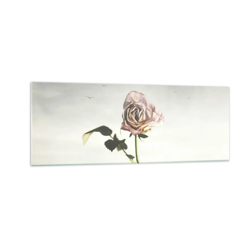 Impression sur verre - Image sur verre - Une rose délicate contre un ciel lumineux avec des oiseaux en vol - 140x50cm - Bonjour de printemps - Décoration murale moderne pour le salon et la chambre ARTTOR