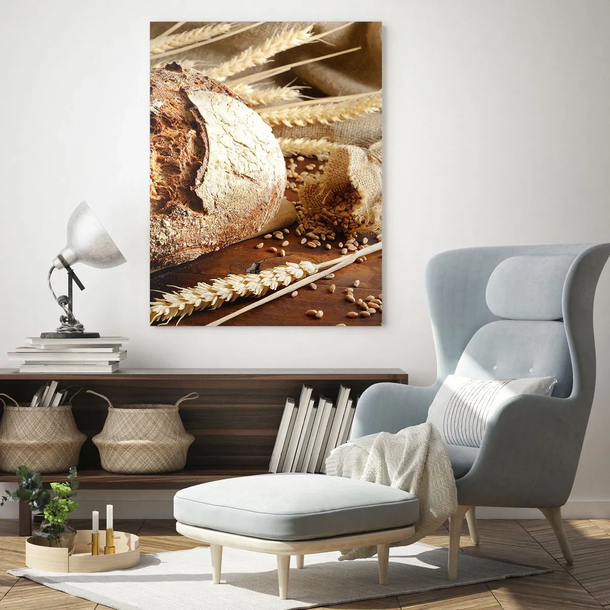 Impression sur verre - Image sur verre - Pain sur une planche avec des épis de blé et des sacs de céréales - 50x70cm - Appétissant, parfumé, croquant - Décoration murale moderne pour le salon et la chambre ARTTOR