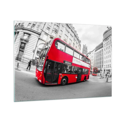 Impression sur verre - Image sur verre - Un bus rouge en mouvement sur fond de rues de Londres - 100x70cm - Londres traditionnellement - en bus - Décoration murale moderne pour le salon et la chambre ARTTOR