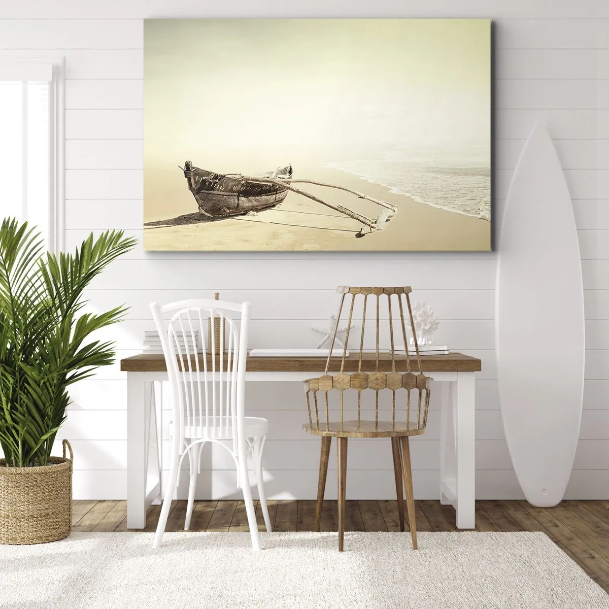 Impression sur toile - Image sur toile - Vieux bateau de pêche sur une plage de sable - 120x80cm - Mémoire des mers du sud - Décoration murale moderne pour le salon et la chambre ARTTOR