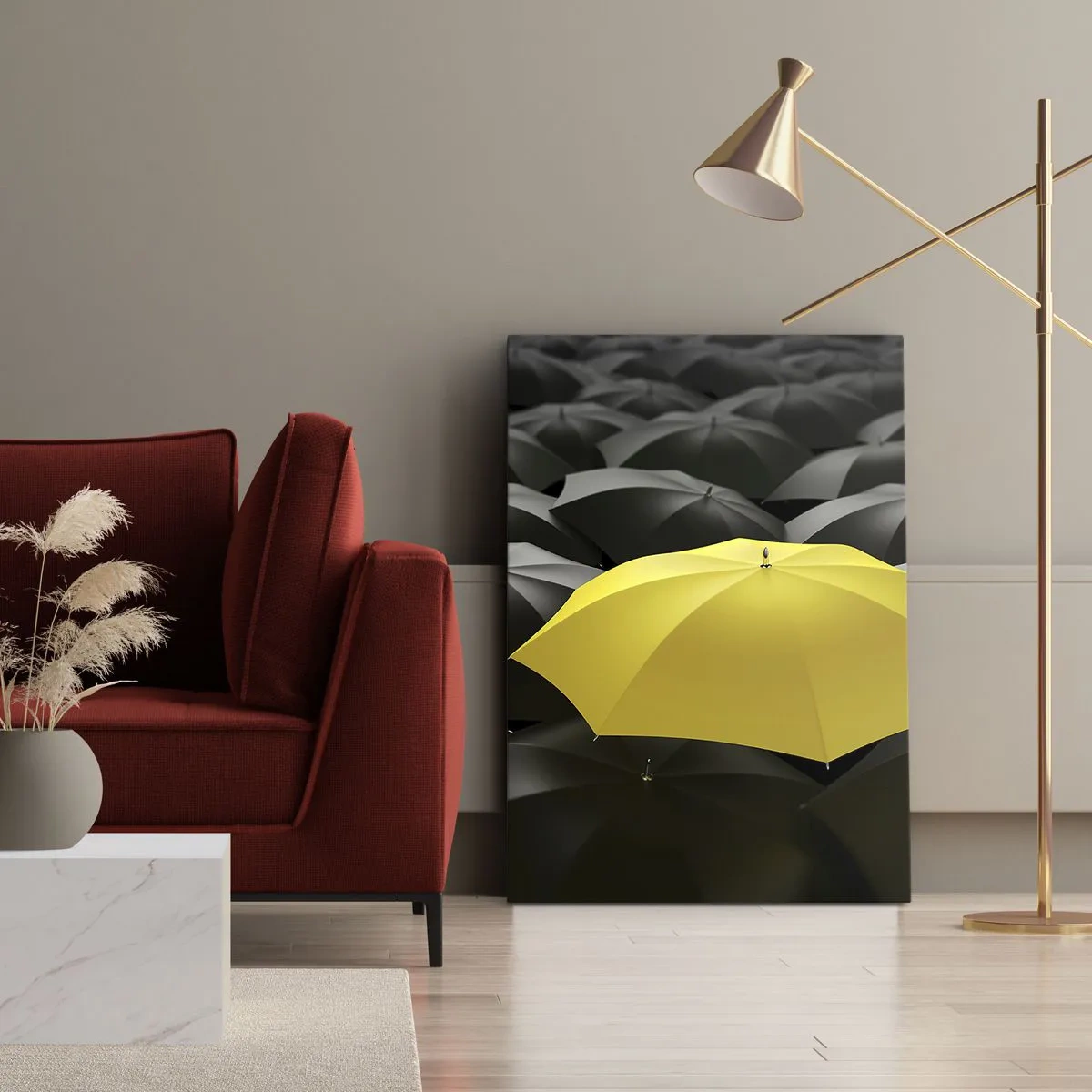 Impression sur toile - Image sur toile - Un parapluie jaune parmi des parapluies noirs - 70x100cm - Adieu chagrin - Décoration murale moderne pour le salon et la chambre ARTTOR