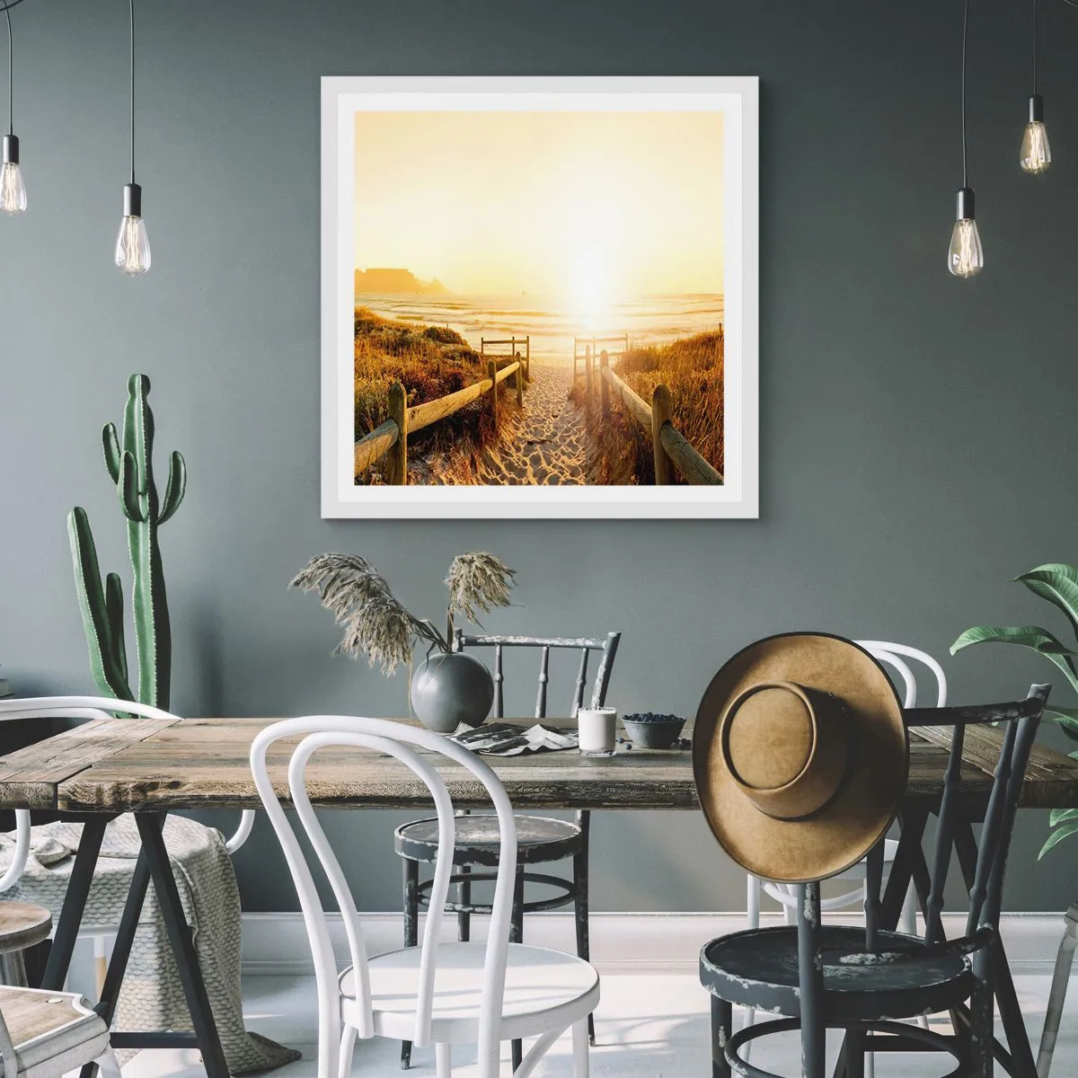 Affiche dans un cadre blanc - Poster - A travers la dune, vers le soleil - 40x40 cm