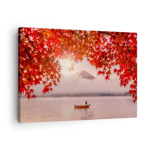 Impression sur toile - Image sur toile - Un bateau sur un lac entouré de feuilles d'érable rouges - 70x50cm - Dans le climat japonais - Décoration murale moderne pour le salon et la chambre ARTTOR