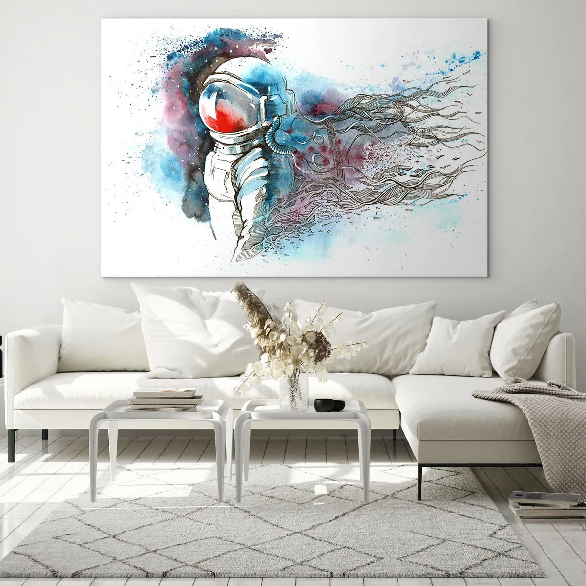 Impression sur verre - Image sur verre - Astronaute dans un décor spatial aquarelle dynamique - 70x50cm - Seul avec l'espace - Décoration murale moderne pour le salon et la chambre ARTTOR