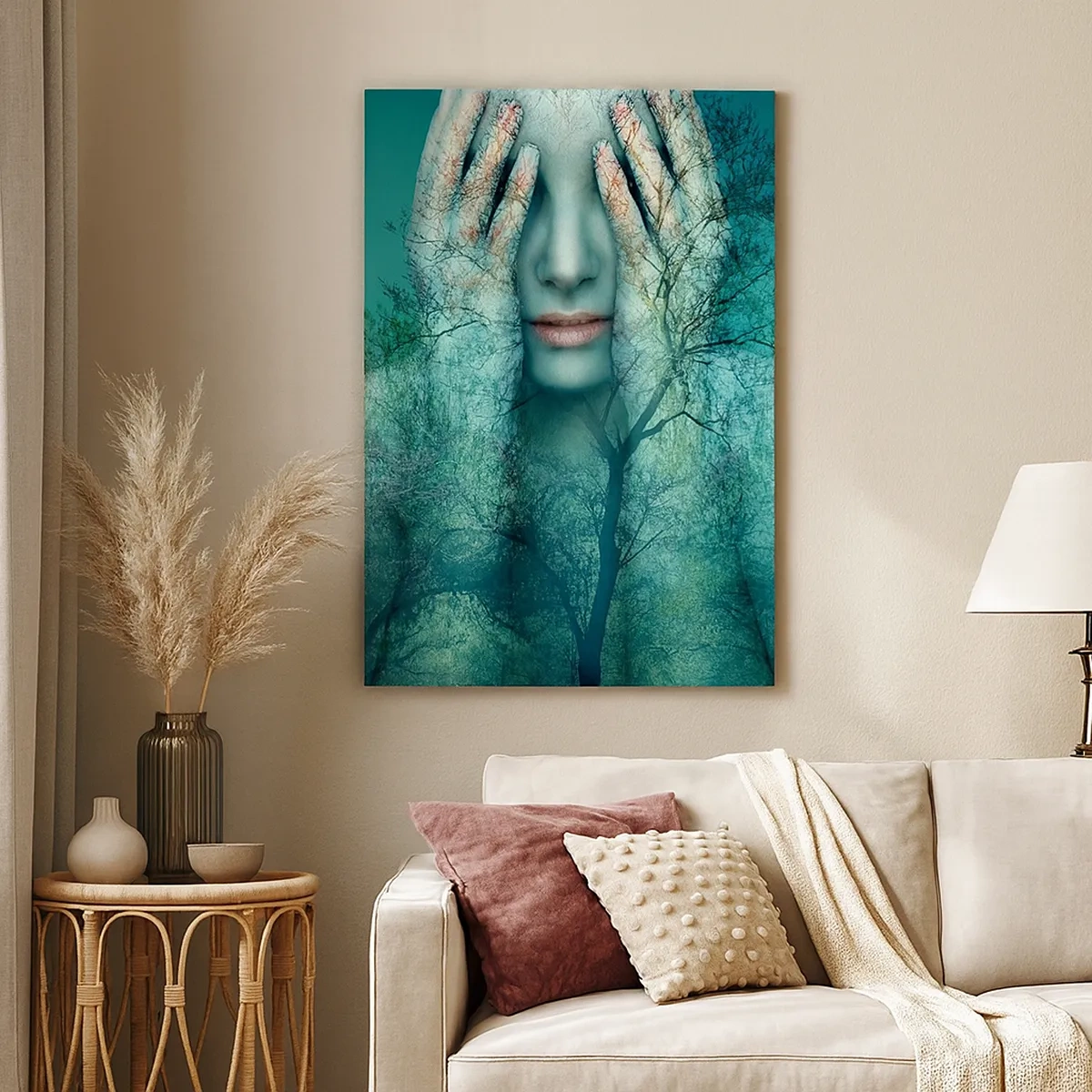 Impression sur toile - Image sur toile - Une figure de femme avec un motif d'arbre sur un fond de paysage turquoise - 50x70cm - immergé dans l'azur - Décoration murale moderne pour le salon et la chambre ARTTOR