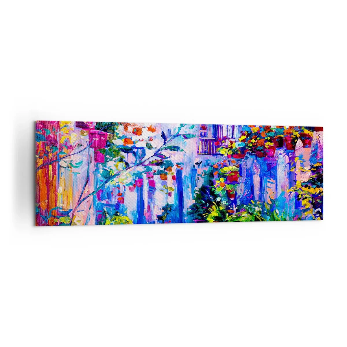 Impression sur toile - Image sur toile - Une rue colorée pleine de fleurs - 160x50cm - Impression - une rue italienne - Décoration murale moderne pour le salon et la chambre ARTTOR