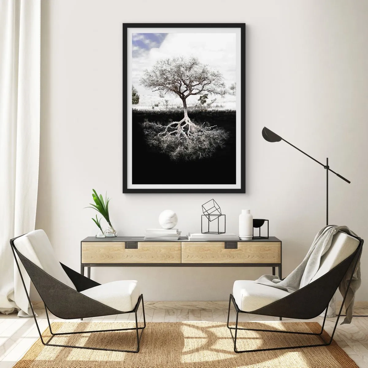 Affiche dans un cadre noir - Poster - Un arbre minimaliste avec un système racinaire visible - 50x70cm - Découvrir la nature du monde - Décoration murale moderne pour le salon et la chambre ARTTOR