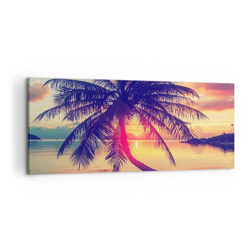 Impression sur toile - Image sur toile - Coucher de soleil avec un palmier sur un rivage tranquille - 120x50cm - Soirée sous les palmiers - Décoration murale moderne pour le salon et la chambre ARTTOR