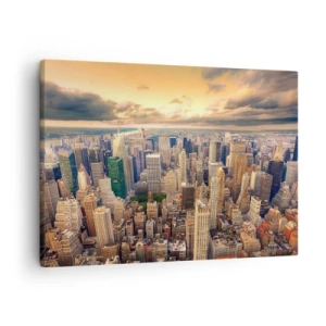 Impression sur toile - Image sur toile - Panorama de la ville avec vue sur les gratte-ciels au coucher du soleil - 70x50cm - Métropole dorée - Décoration murale moderne pour le salon et la chambre ARTTOR