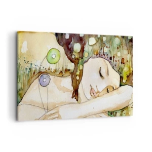 Impression sur toile - Image sur toile - Une femme rêvant entourée de formes et de couleurs abstraites. - 120x80cm - Un rêve violet émeraude - Décoration murale moderne pour le salon et la chambre ARTTOR