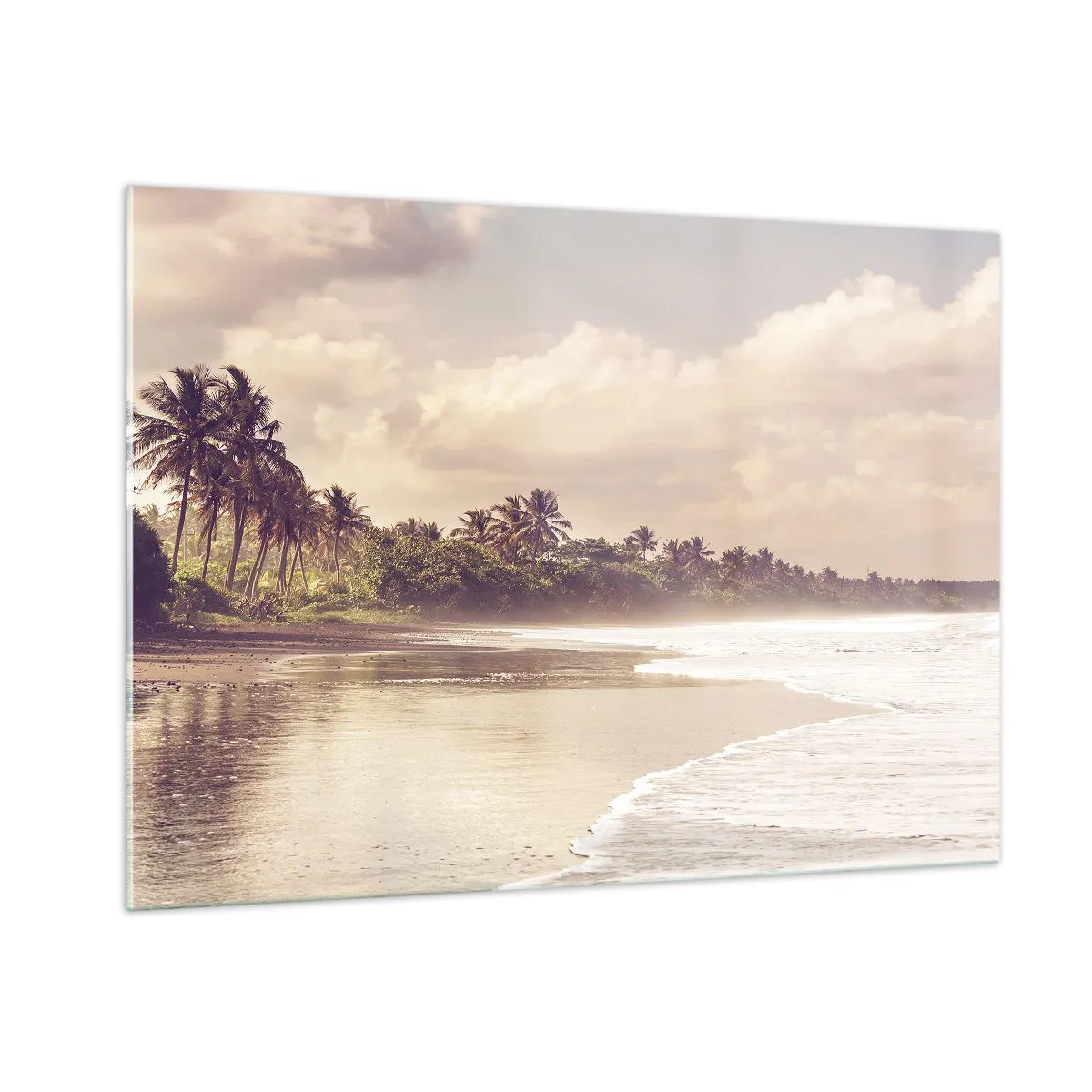 Impression sur verre - Image sur verre - Une plage dorée avec des palmiers et un océan calme dans la douce lumière - 100x70cm - La caresse des vagues - Décoration murale moderne pour le salon et la chambre ARTTOR