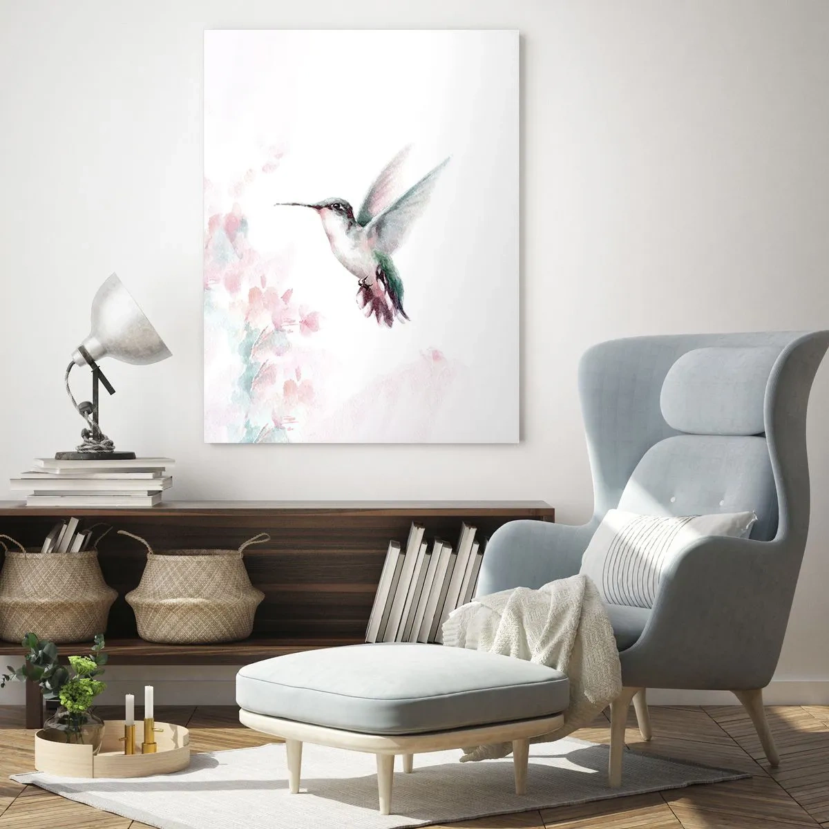 Impression sur verre - Image sur verre - Un colibri aux couleurs pastel délicates sur un fond de fleurs - 70x100cm - Immortalisé dans un battement - Décoration murale moderne pour le salon et la chambre ARTTOR