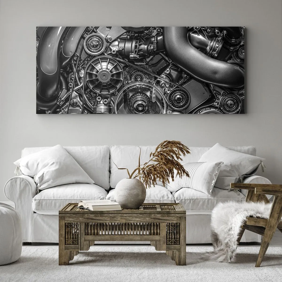Impression sur toile - Image sur toile - Gros plan noir et blanc des détails mécaniques d'un moteur de voiture. - 120x50cm - Poésie mécanique - Décoration murale moderne pour le salon et la chambre ARTTOR