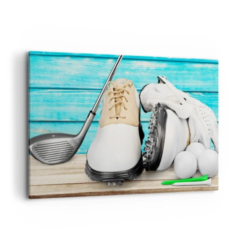 Impression sur toile - Image sur toile - Un ensemble d'accessoires de golf sur un fond en bois - 100x70cm - Tout est prêt - Décoration murale moderne pour le salon et la chambre ARTTOR