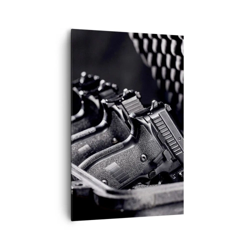 Impression sur toile - Image sur toile - Une image en noir et blanc d'une pile d'armes dans une valise. - 80x120cm - Sport masculin - Décoration murale moderne pour le salon et la chambre ARTTOR