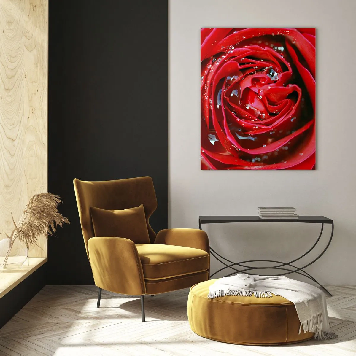 Impression sur verre - Image sur verre - Gros plan d'une rose rouge avec des gouttes d'eau sur les pétales - 80x120cm - Dans les gouttes de rosée - Décoration murale moderne pour le salon et la chambre ARTTOR