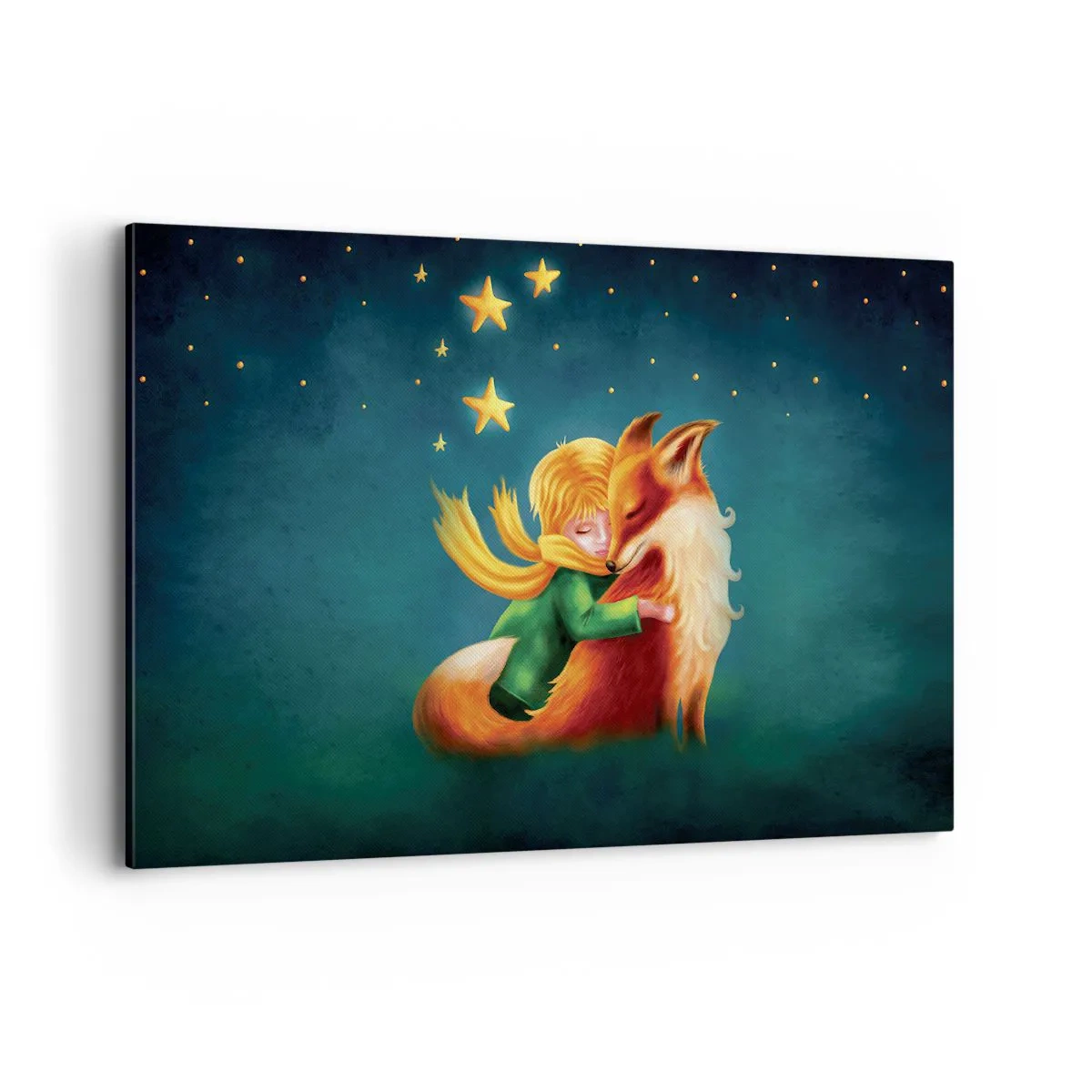 Impression sur toile - Image sur toile - Un garçon avec un renard dans un décor magique avec des étoiles - 120x80cm - Petit Prince - Décoration murale moderne pour le salon et la chambre ARTTOR