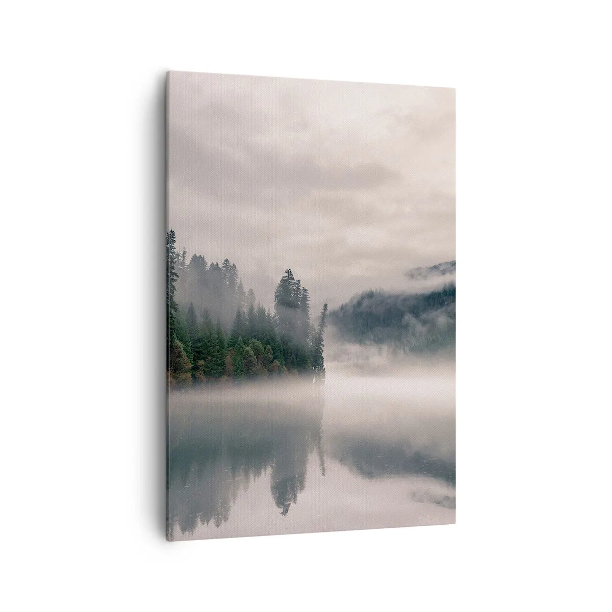 Impression sur toile - Image sur toile - Une forêt brumeuse se reflétant dans un lac calme - 70x100cm - Reflet dans le brouillard - Décoration murale moderne pour le salon et la chambre ARTTOR