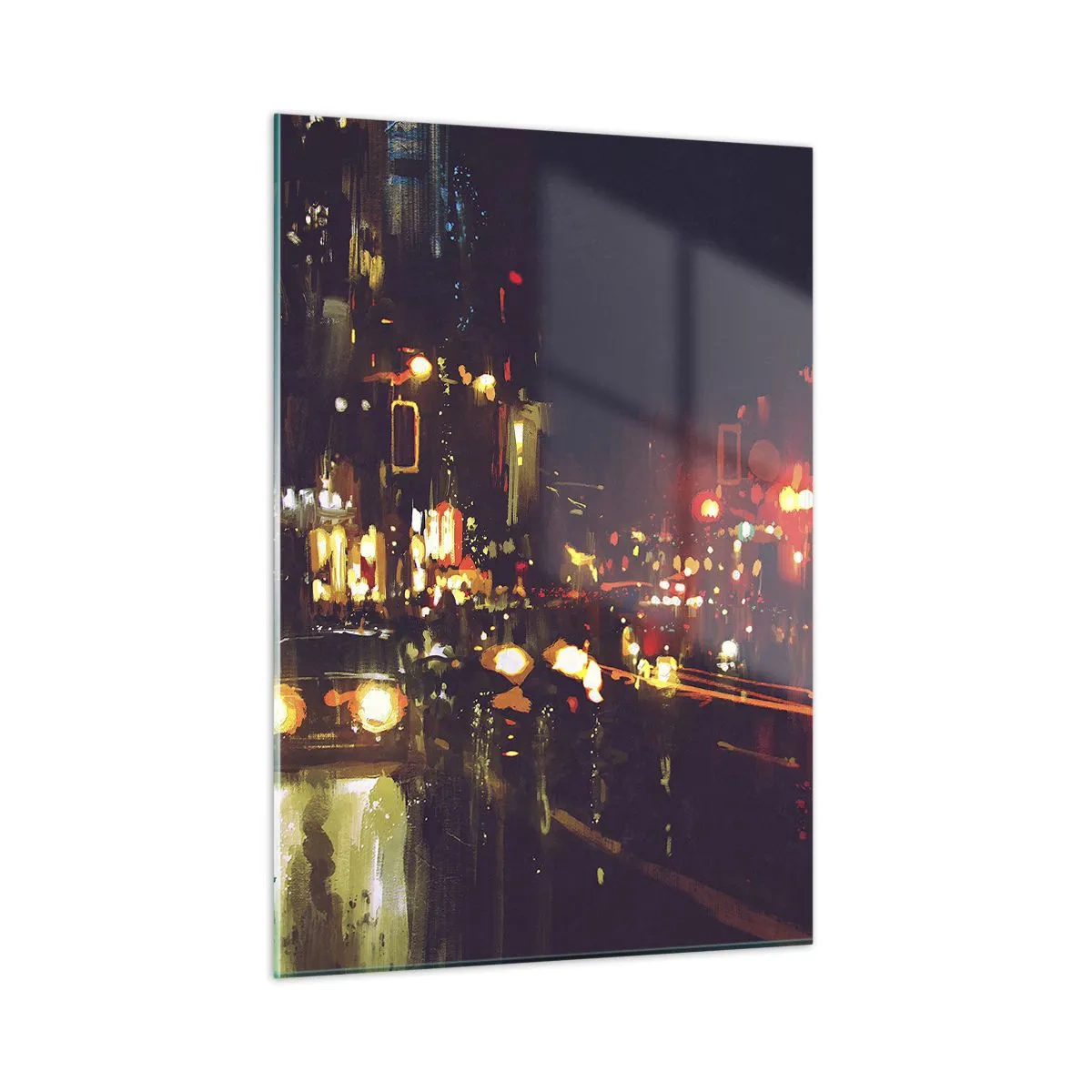 Impression sur verre - Image sur verre - Paysage nocturne de la ville avec des voitures et des lampadaires - 50x70cm - Immergé dans les lumières de la nuit - Décoration murale moderne pour le salon et la chambre ARTTOR