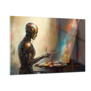 Impression sur verre - Image sur verre - Un robot peignant un tableau sur un chevalet - 120x80cm - L'art du futur - Décoration murale moderne pour le salon et la chambre ARTTOR