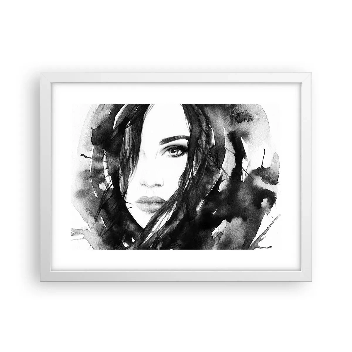 Affiche dans un cadre blanc - Poster - Portrait d'une dame en noir et blanc - 40x30 cm