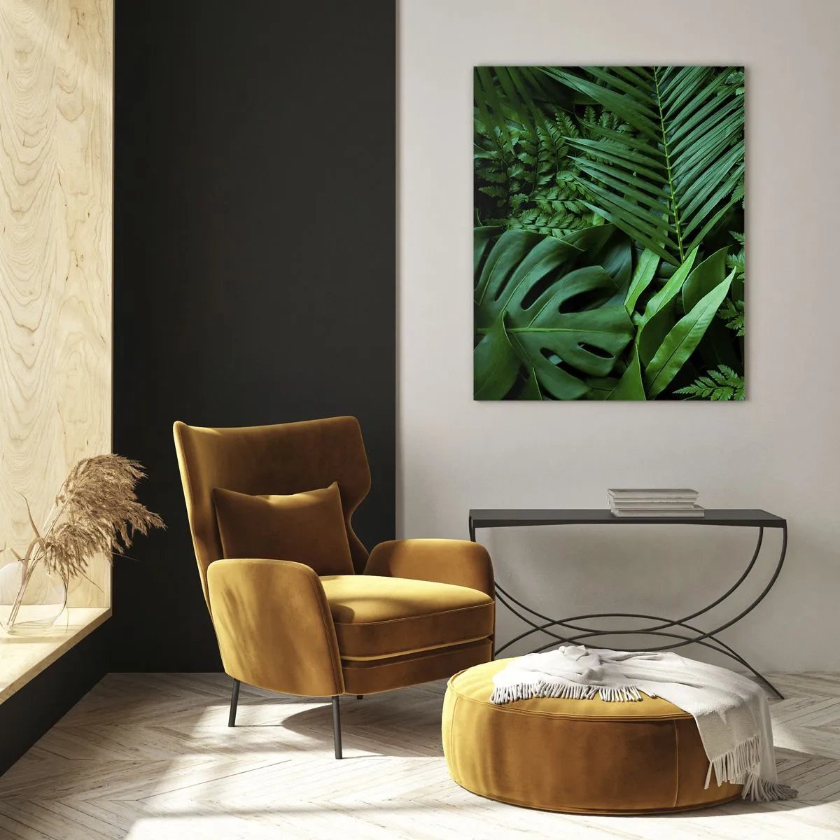 Impression sur verre - Image sur verre - Feuilles tropicales vertes dans une composition dense et naturelle - 80x120cm - Emmitouflé de verdure - Décoration murale moderne pour le salon et la chambre ARTTOR